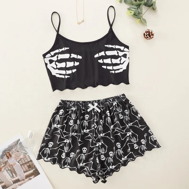 2 PCS Pajama Set Sleepwear Short-Sleeved Tops and Shorts Suit Black Skull Print Ventilate Soft Com