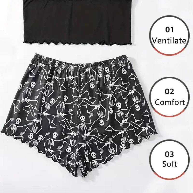 2 PCS Pajama Set Sleepwear Short-Sleeved Tops and Shorts Suit Black Skull Print Ventilate Soft Com