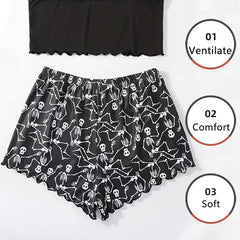 2 PCS Pajama Set Sleepwear Short-Sleeved Tops and Shorts Suit Black Skull Print Ventilate Soft Com