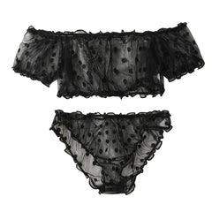 2-Piece Lingerie Dot Embroidery Mesh Fancy Outfit Romantic Underwear Set Bra And Panty Sets
