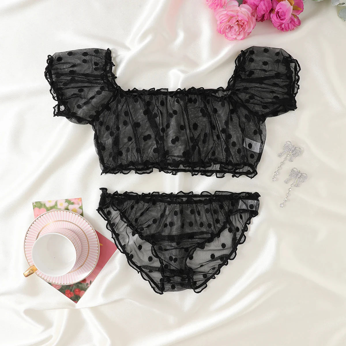 2-Piece Lingerie Dot Embroidery Mesh Fancy Outfit Romantic Underwear Set Bra And Panty Sets
