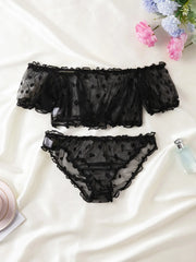 2-Piece Lingerie Dot Embroidery Mesh Fancy Outfit Romantic Underwear Set Bra And Panty Sets
