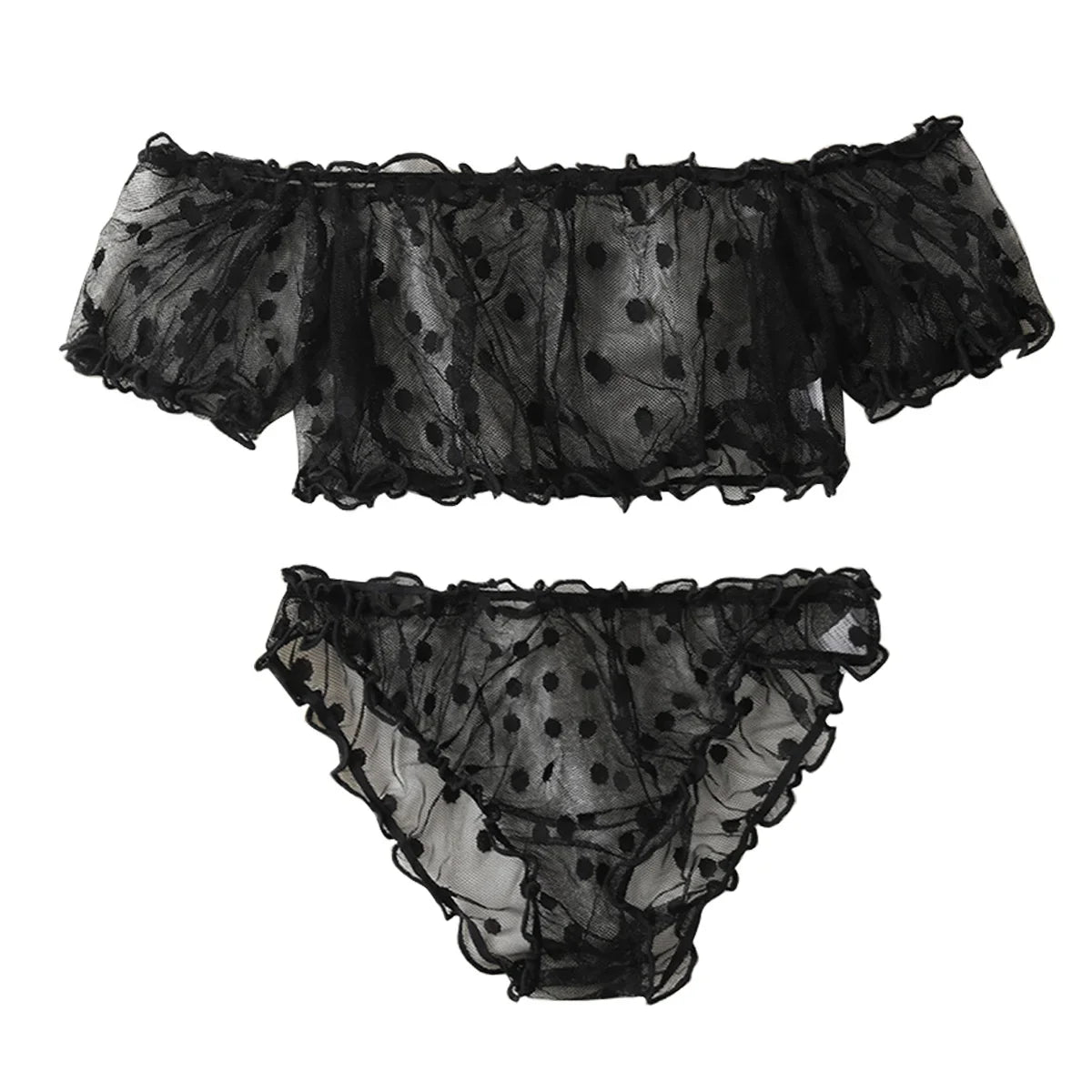 2-Piece Transparent Erotic Lingerie Dot Embroidery Mesh Fancy Outfit Romantic Underwear Set Bra And Panty Sets