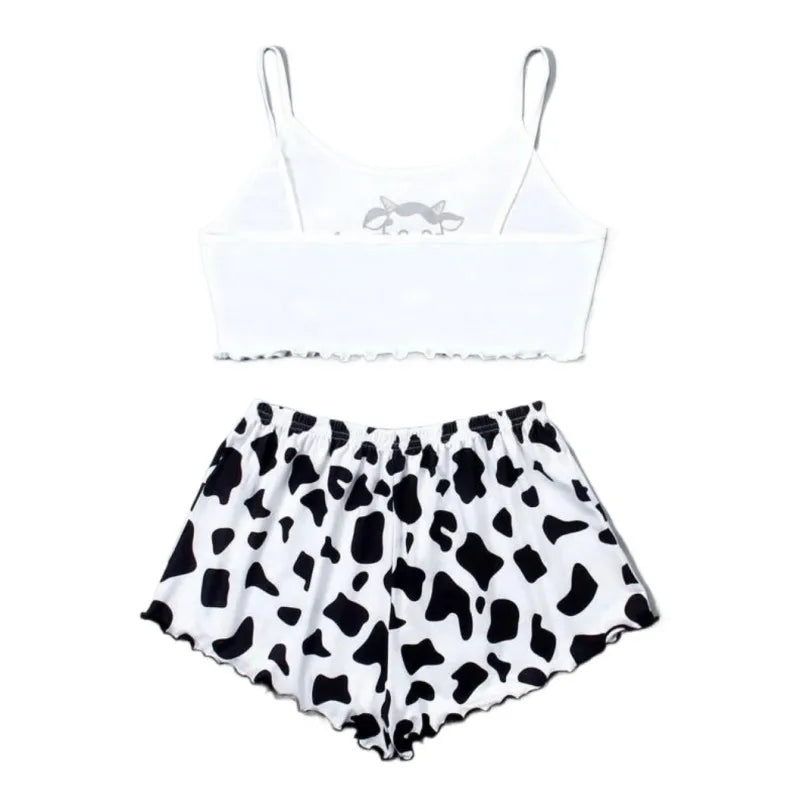 2 Pieces Pajamas Set Cute Cow Print Sleeveless Top and Shorts Sleepwear Casual Homewear Loungewear Pijamas