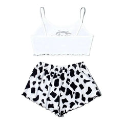 2 Pieces Pajamas Set Cute Cow Print Sleeveless Top and Shorts Sleepwear Casual Homewear Loungewear Pijamas