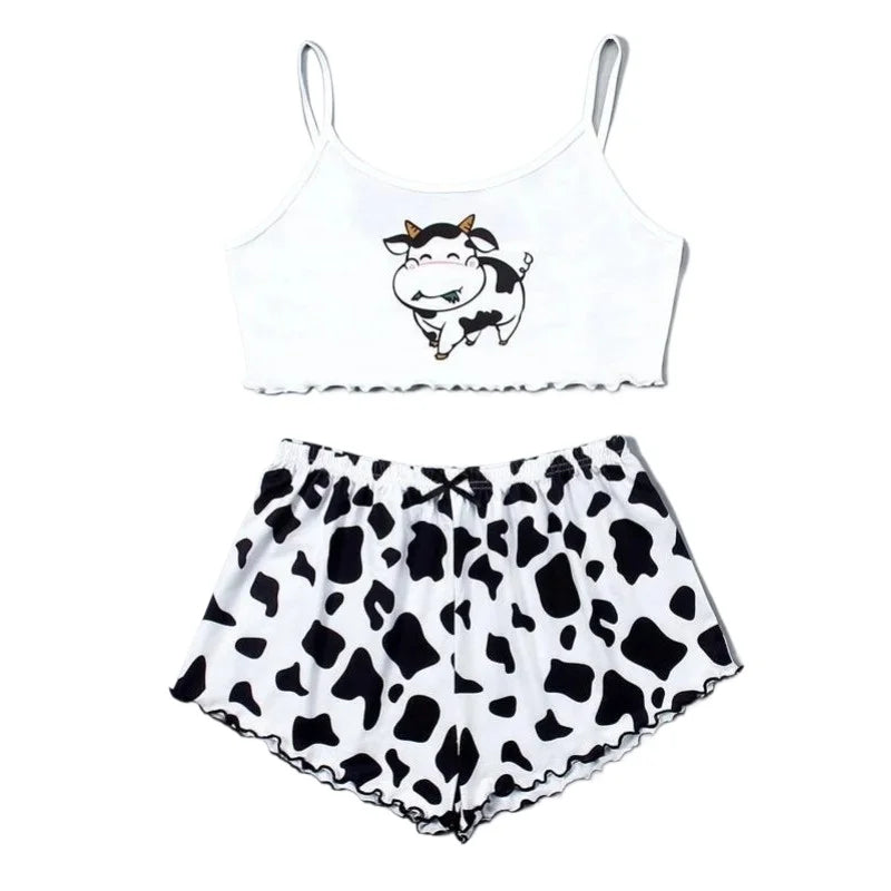 2 Pieces Pajamas Set Cute Cow Print Sleeveless Top and Shorts Sleepwear Casual Homewear Loungewear Pijamas