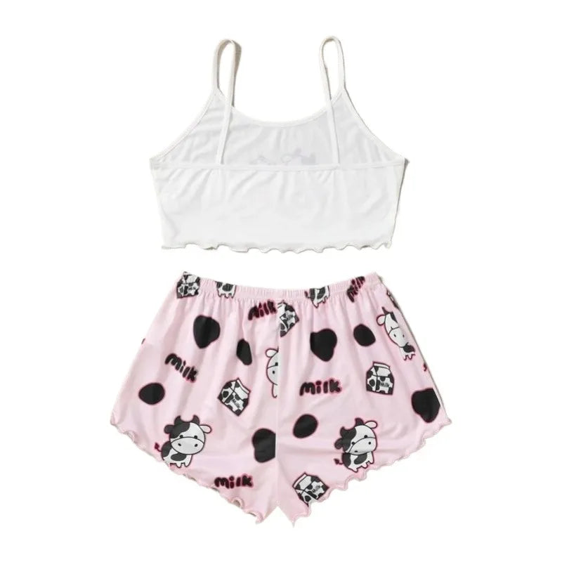 2 Pieces Pajamas Set Cute Cow Print Sleeveless Top and Shorts Sleepwear Casual Homewear Loungewear Pijamas