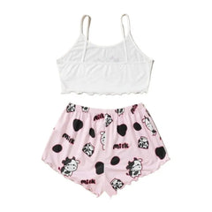 2 Pieces Pajamas Set Cute Cow Print Sleeveless Top and Shorts Sleepwear Casual Homewear Loungewear Pijamas