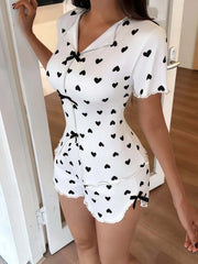2 Pieces Pajamas Set Heart Printed Short Sleeve T-shirts and Shorts Sets Casual Home Wear Loungewear Summer Sleepwear