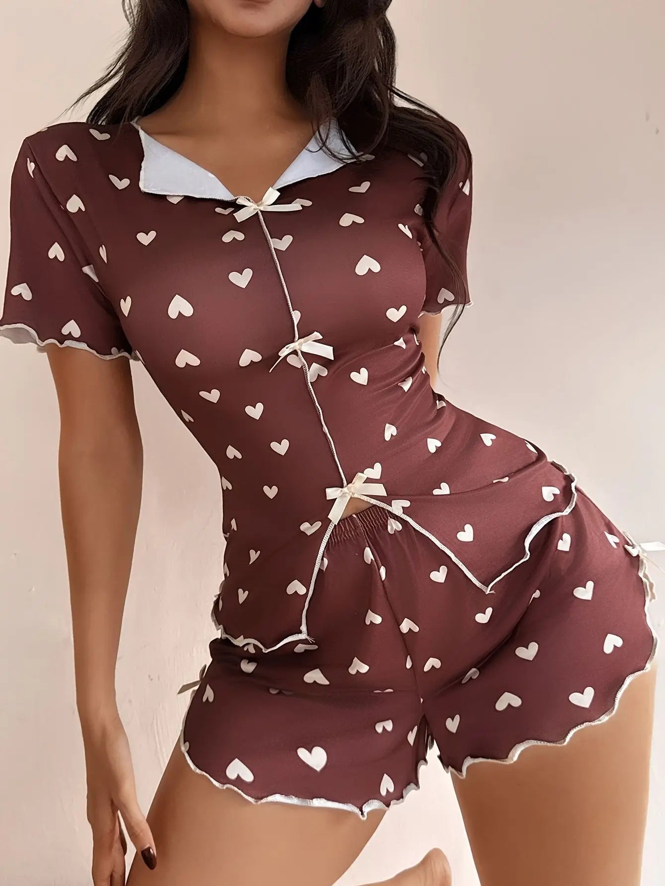 2 Pieces Pajamas Set Heart Printed Short Sleeve T-shirts and Shorts Sets Casual Home Wear Loungewear Summer Sleepwear