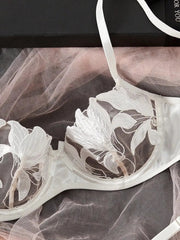 2 Pieces Ultra Thin Bra and Briefs Set Transparent Floral Printed Lace Lingerie Set Solid Exotic Underwear