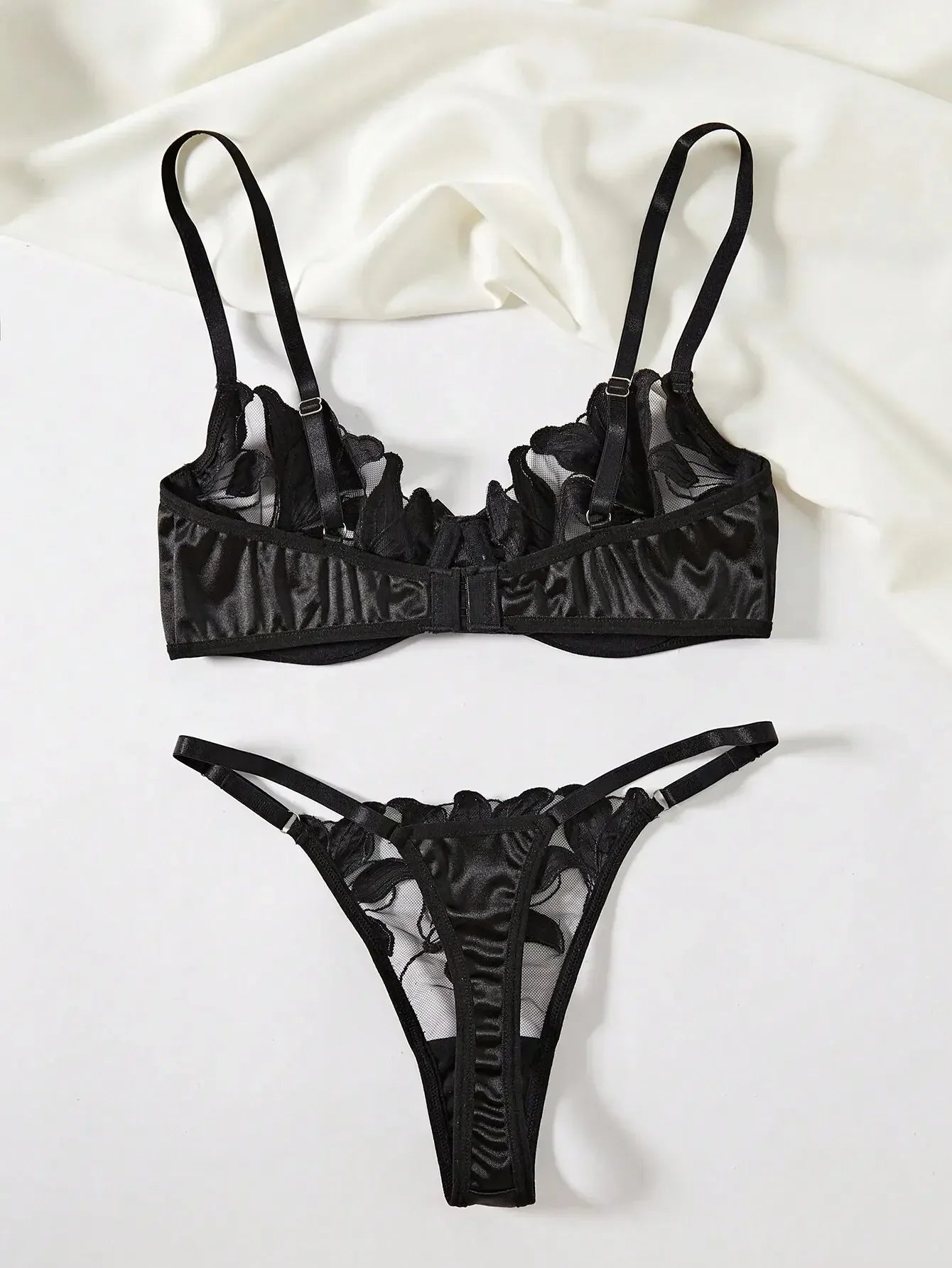 2 Pieces Ultra Thin Bra and Briefs Set Transparent Floral Printed Lace Lingerie Set Solid Exotic Underwear