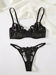 2 Pieces Ultra Thin Bra and Briefs Set Transparent Floral Printed Lace Lingerie Set Solid Exotic Underwear