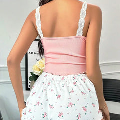 2psc Pajama Set Pink Lace Patchwork V-Neck Sleepwear Nighties Suit Cami Top Printed Shorts Soft Pyjamas Loungewear