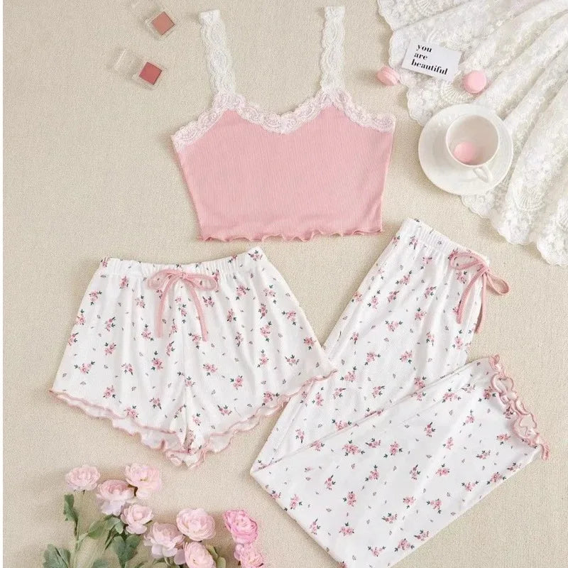 2psc Pajama Set Pink Lace Patchwork V-Neck Sleepwear Nighties Suit Cami Top Printed Shorts Soft Pyjamas Loungewear