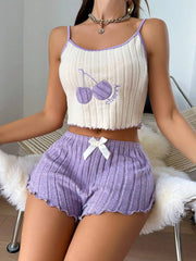 Casual Summer 2pcs Pajamas Simple Ground Wool Halter Vest Tops and Shorts Set Home Wear Sleepwear Loungerwear