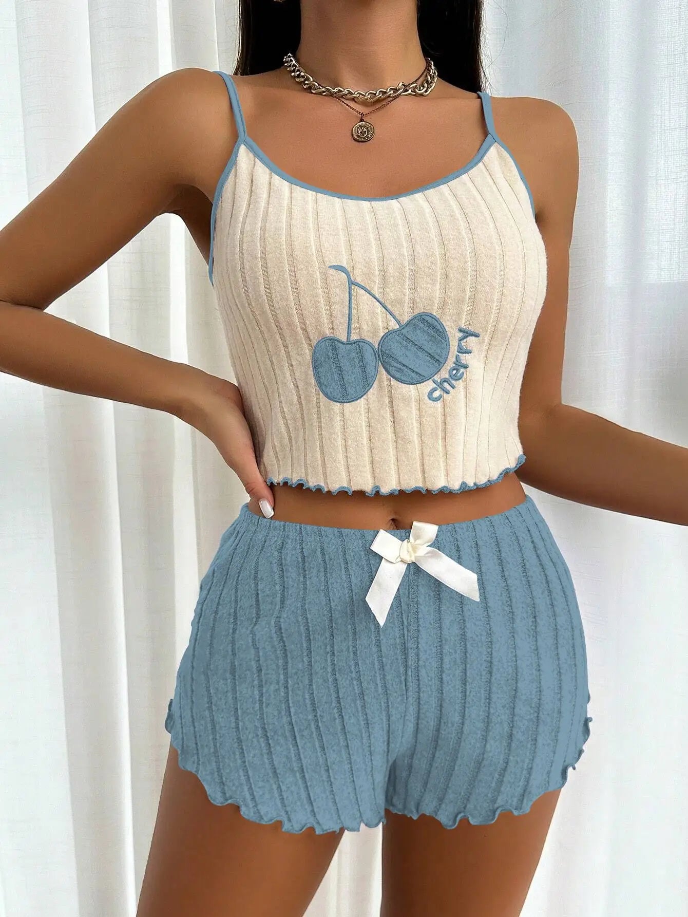 Casual Summer 2pcs Pajamas Simple Ground Wool Halter Vest Tops and Shorts Set Home Wear Sleepwear Loungerwear