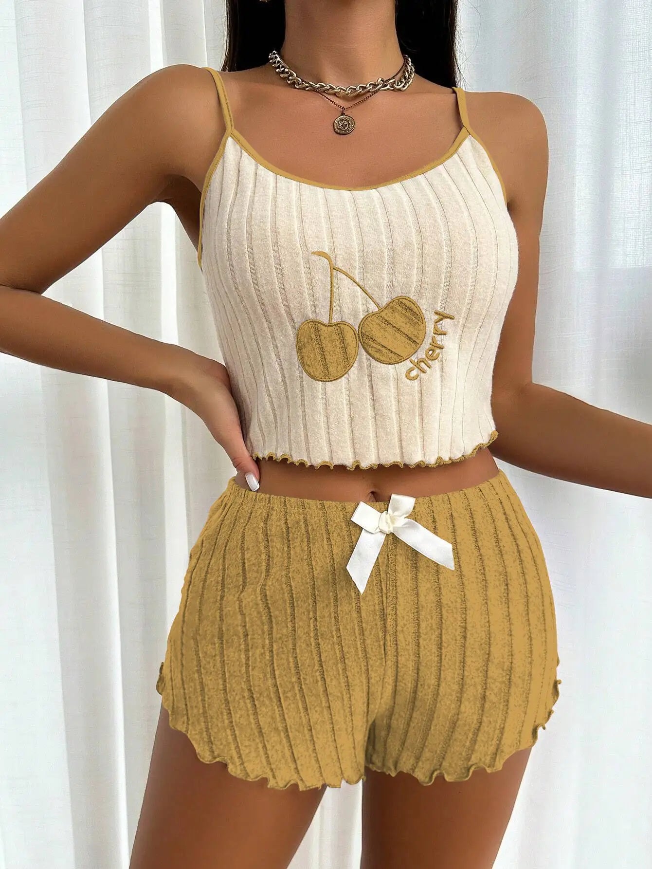 Casual Summer 2pcs Pajamas Simple Ground Wool Halter Vest Tops and Shorts Set Home Wear Sleepwear Loungerwear