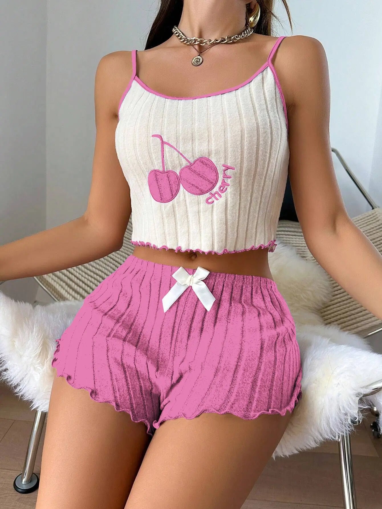 Casual Summer 2pcs Pajamas Simple Ground Wool Halter Vest Tops and Shorts Set Home Wear Sleepwear Loungerwear