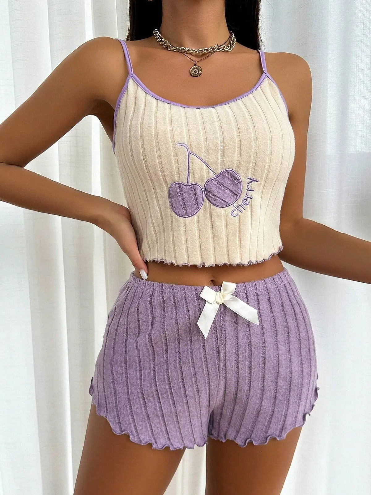 Casual Summer 2pcs Pajamas Simple Ground Wool Halter Vest Tops and Shorts Set Home Wear Sleepwear Loungerwear