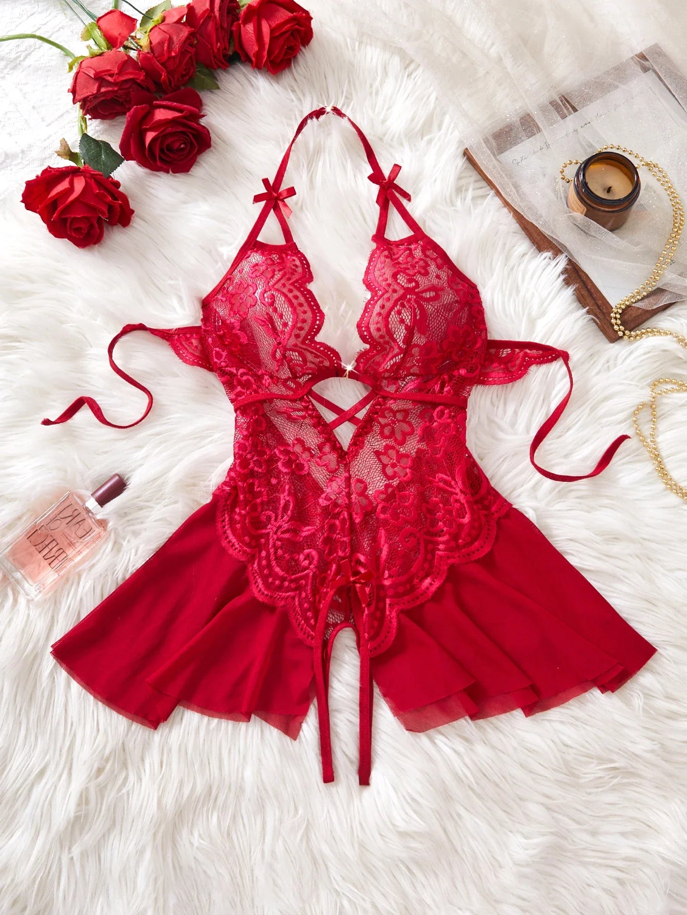 Deep V Babydoll Nightdress Lace Trim Bodysuit Outfits Set