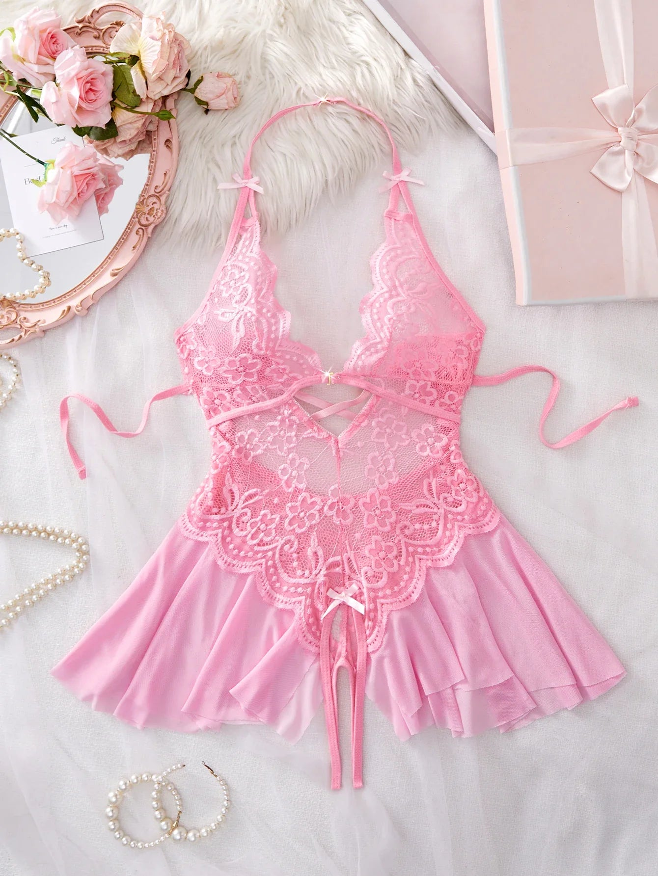 Deep V Babydoll Nightdress Lace Trim Bodysuit Outfits Set