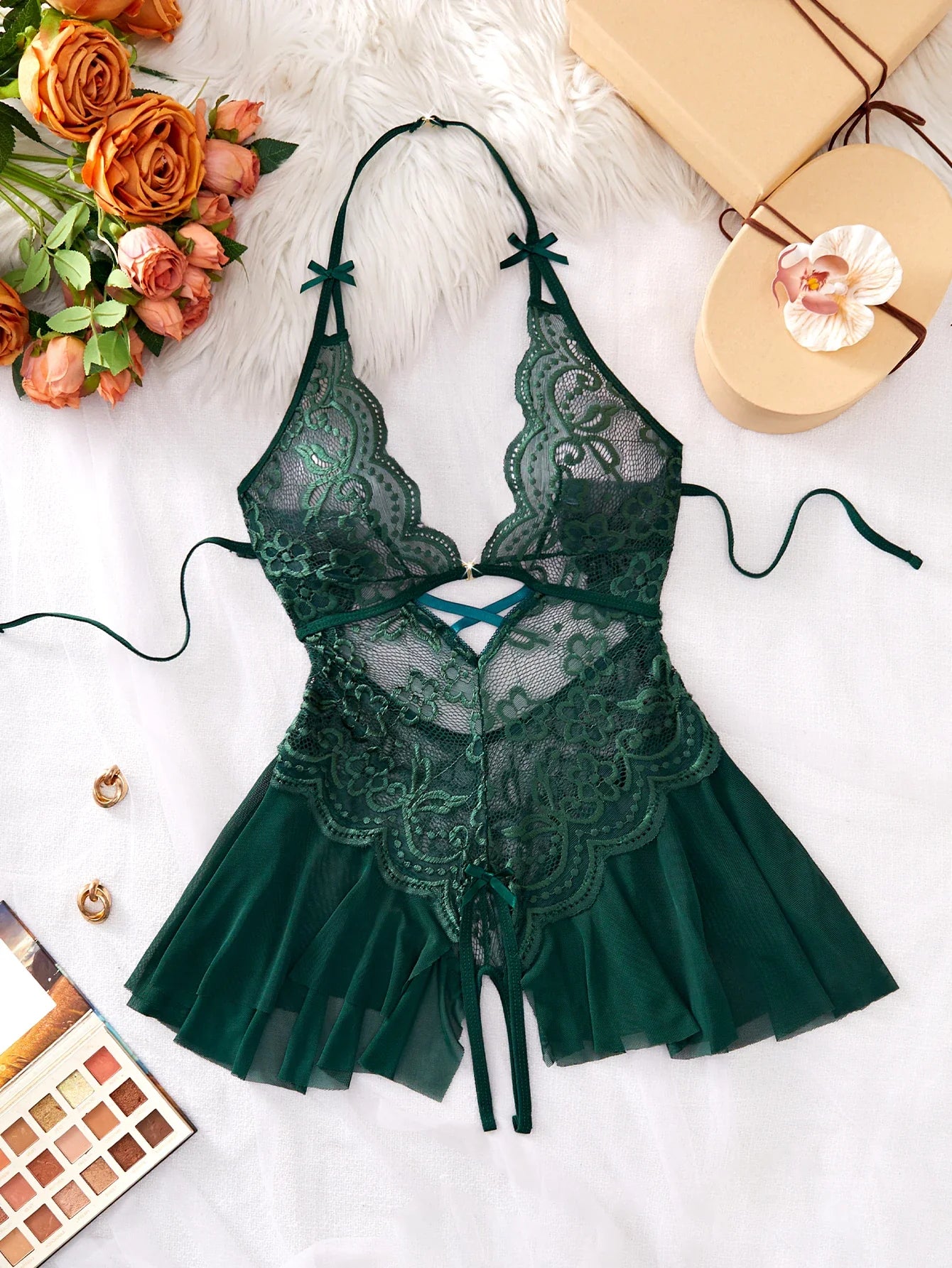 Deep V Babydoll Nightdress Lace Trim Bodysuit Outfits Set