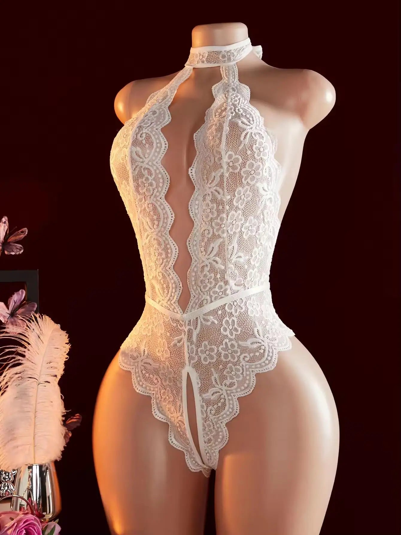 Erotic Backless Deep V Lingerie Transparent Floral Lace Temptation Night Dress Teddy Babydoll Crotchless Underwear