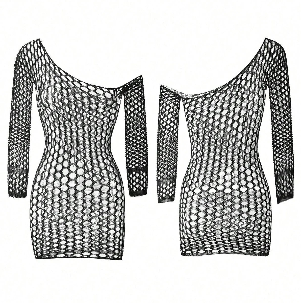 Fishnet Mini Dress Mesh Hollow Out Perspective Bodycon Underwear Dress Erotic Costume Crotchless Lingerie