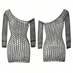 Fishnet Mini Dress Mesh Hollow Out Perspective Bodycon Underwear Dress Erotic Costume Crotchless Lingerie