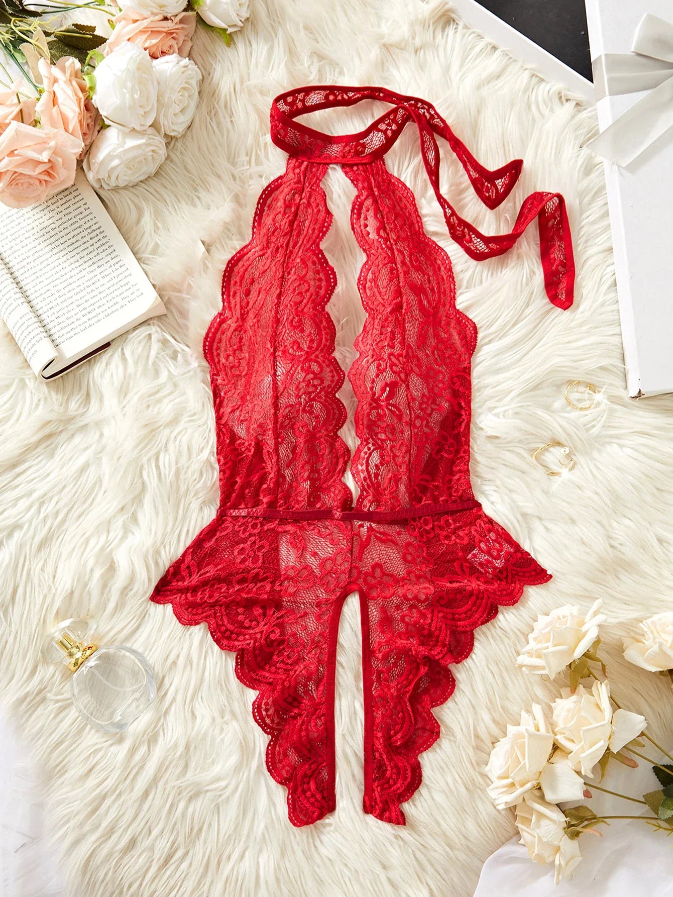 Halter Backless Deep V Floral Lace Night Dress Teddy Babydoll