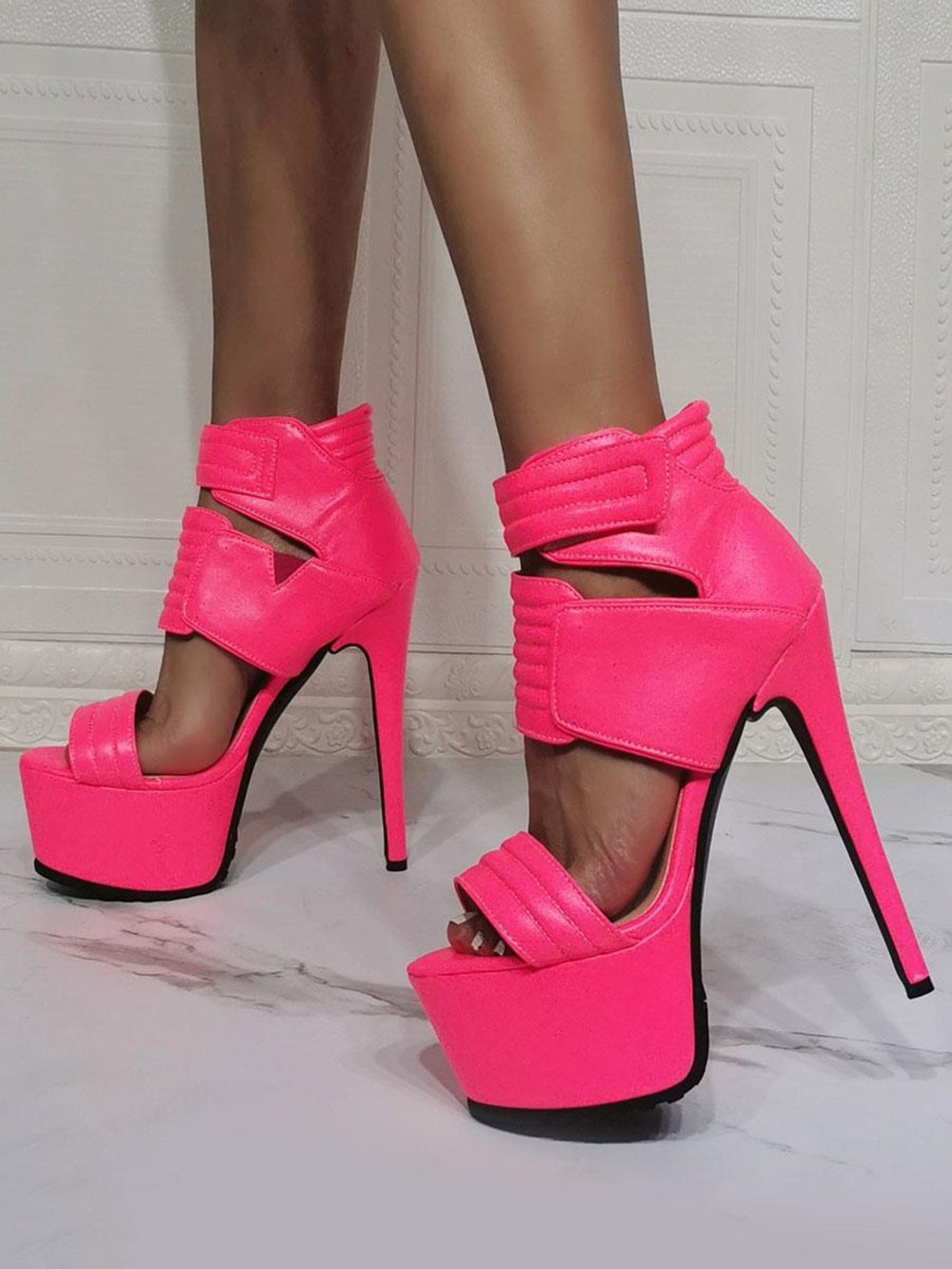 Women High Heel Boot PU Leather Open Toe Stiletto Heel Booties