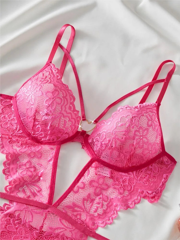 Lace Bodysuit Female Underwear Floral Embroidery Heart Shaped Ornament Design Bodycon