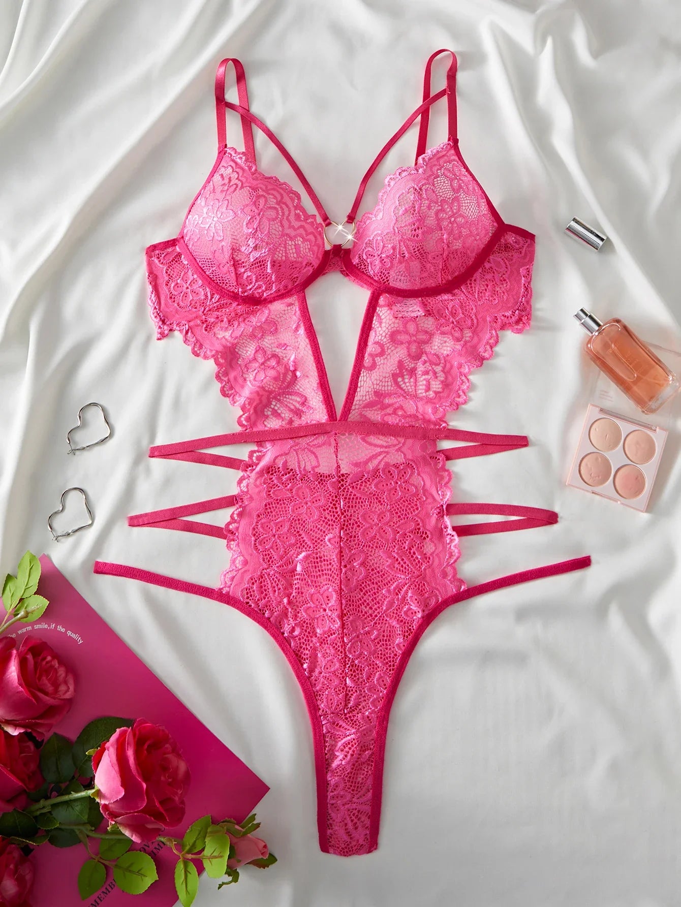 Lace Bodysuit Female Underwear Floral Embroidery Heart Shaped Ornament Design Bodycon