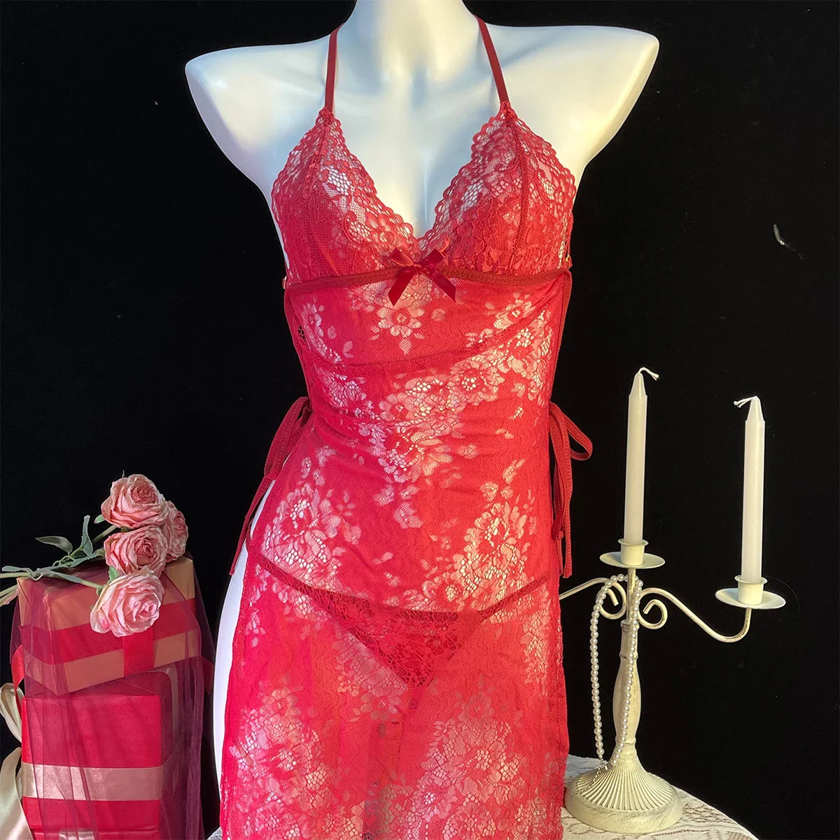 Lingerie Lace Underwear Transparent Erotic Costumes Red Split Dress