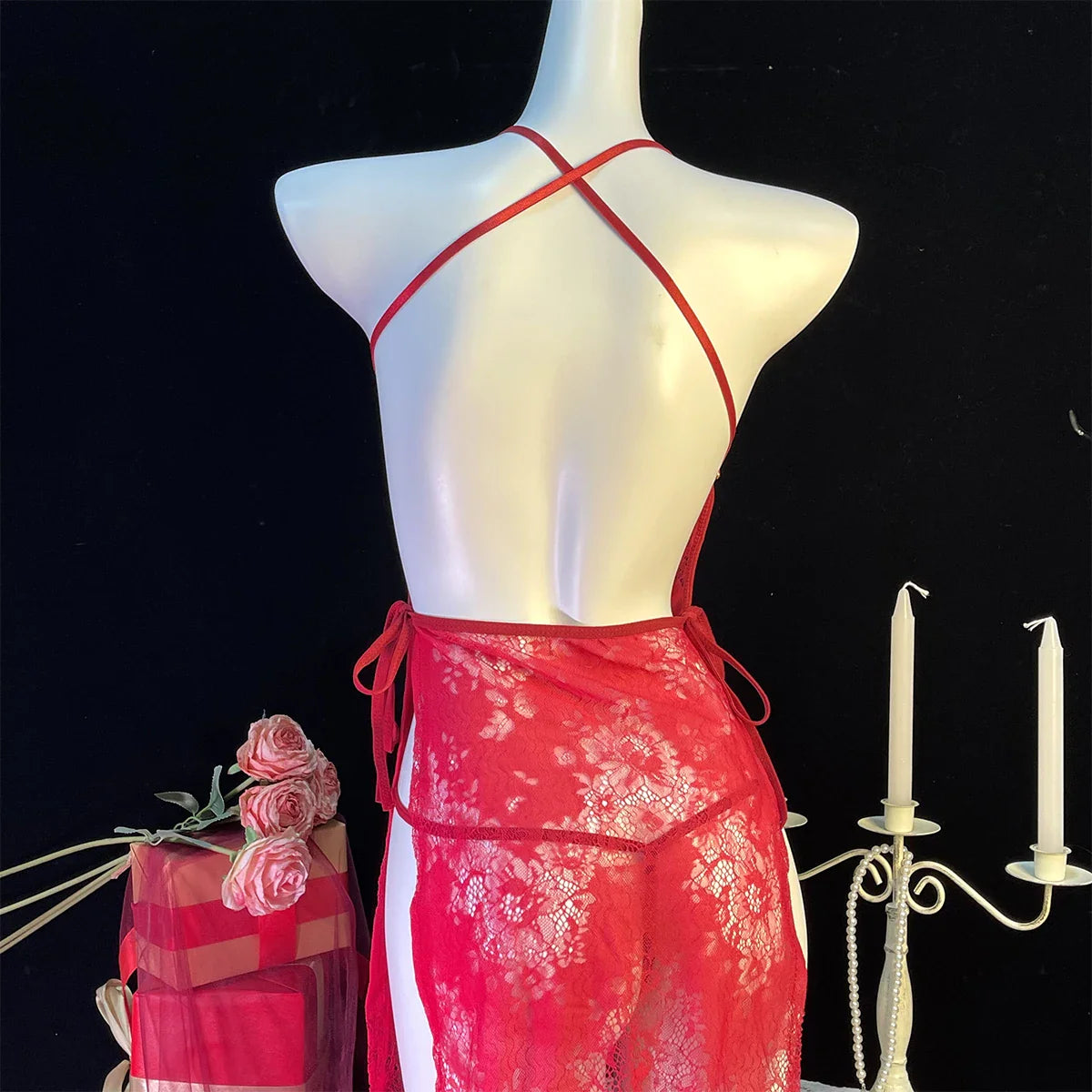 Lingerie Lace Underwear Transparent Erotic Costumes Red Split Dress