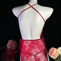 Lingerie Lace Underwear Transparent Erotic Costumes Red Split Dress