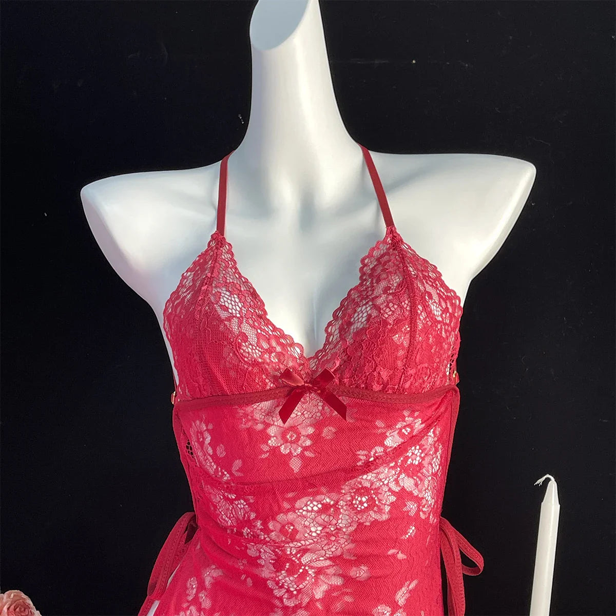 Lingerie Lace Underwear Transparent Erotic Costumes Red Split Dress
