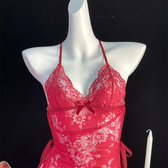 Lingerie Lace Underwear Transparent Erotic Costumes Red Split Dress