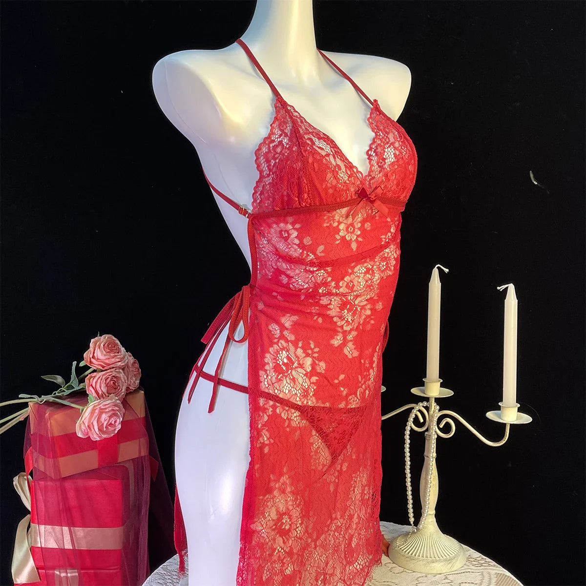 Lingerie Lace Underwear Transparent Erotic Costumes Red Split Dress