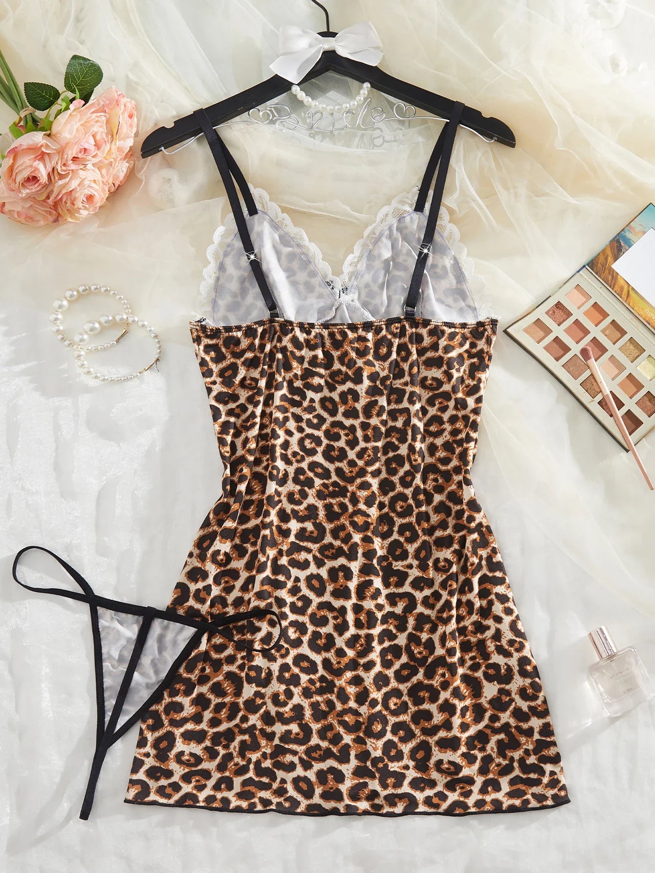 Lingerie Sleeveless Mini Dress Leopard Print V-Neck High Side Slit 2-Piece Set