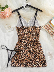 Lingerie Sleeveless Mini Dress Leopard Print V-Neck High Side Slit 2-Piece Set