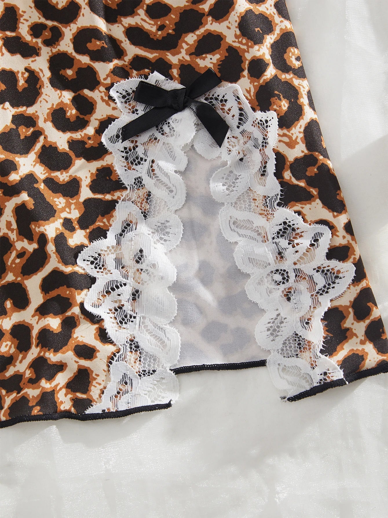 Lingerie Sleeveless Mini Dress Leopard Print V-Neck High Side Slit 2-Piece Set