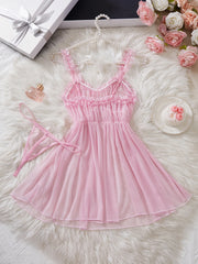 Mesh Nightdress Bow Pink Dress With Thong Underwear Valentine Day Gift