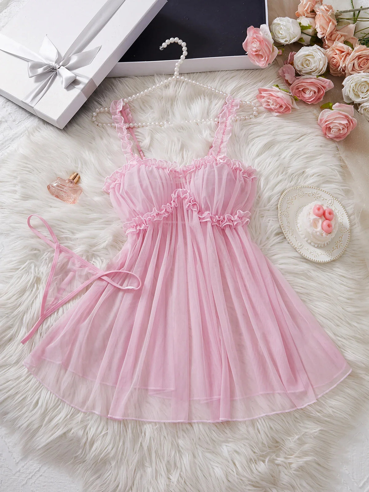 Mesh Nightdress Bow Pink Dress With Thong Underwear Valentine Day Gift