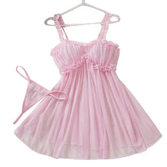 Mesh Nightdress Bow Pink Dress With Thong Underwear Valentine Day Gift