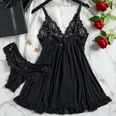 Nightdress Lace Chemise Bow Nightgown Sleepwear Mini Dress Plus Size Deep V Babydoll Lingerie Sexi Sleepdress Nighty