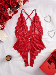 One-Piece Lace Lingerie Red Black Deep V Backless Open Design Teddy