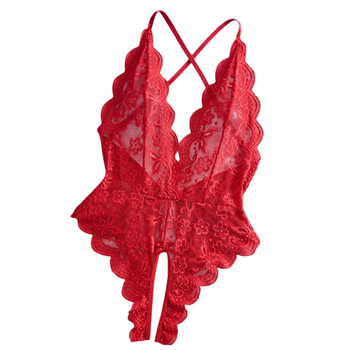 One-Piece Lace Lingerie Red Black Deep V Backless Open Design Teddy