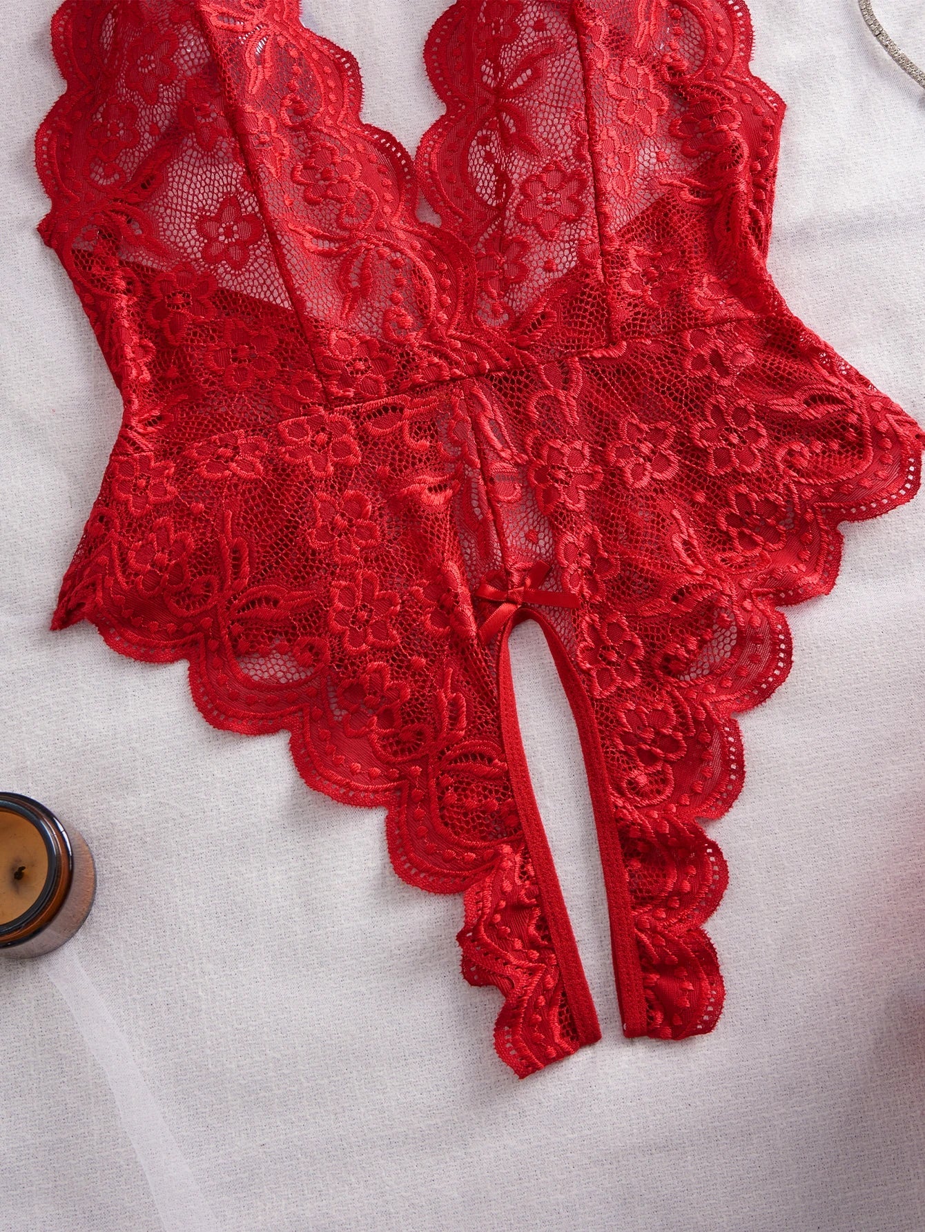 One-Piece Sheer Mesh Crotchless Lace Lingerie Red Black Deep V Plunge Backless Open Design Teddy Fashion Appeal Clothing